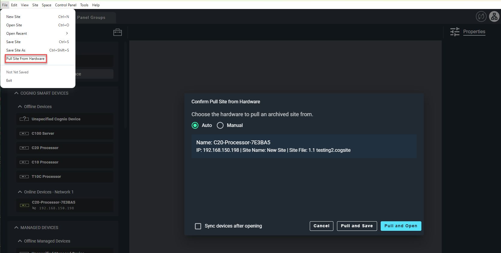 Pull Site From Hardware dialog