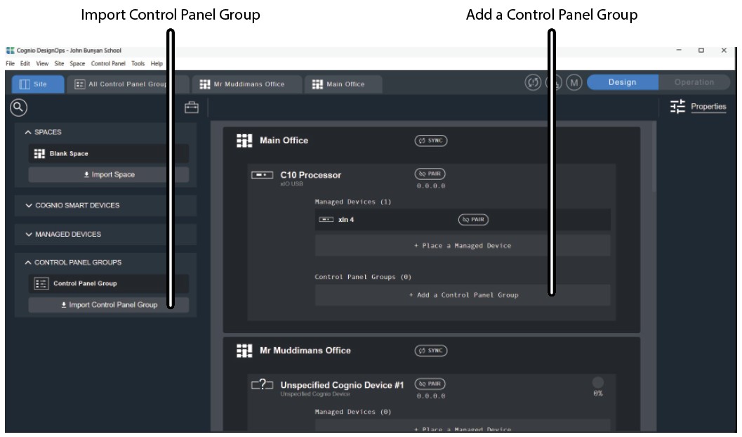 Add or import a Control Panel Group The Site View Space block, showing the Add a Control Panel Group and Import Control Panel Group options