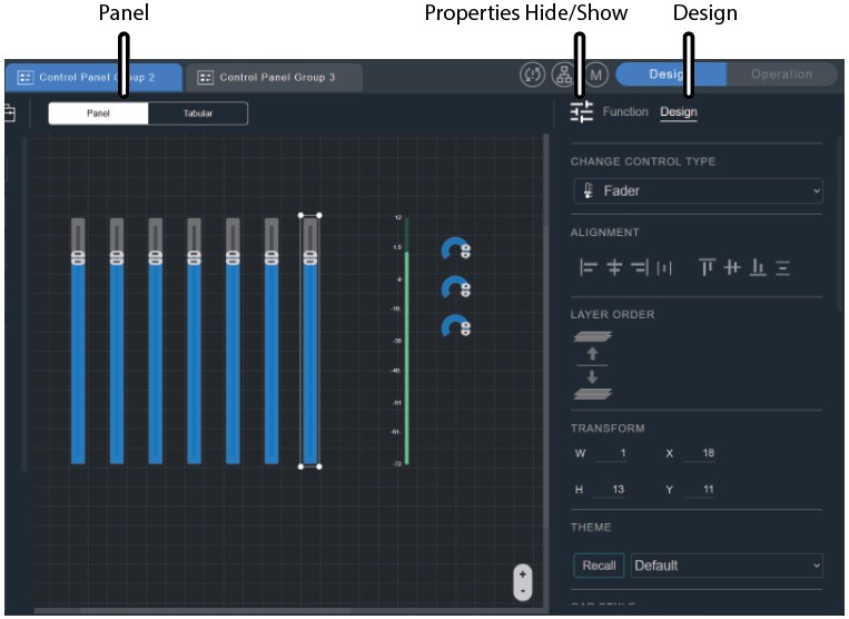 Modifier Panel — Design The Modifier Panel showing the Design options for a selected fader