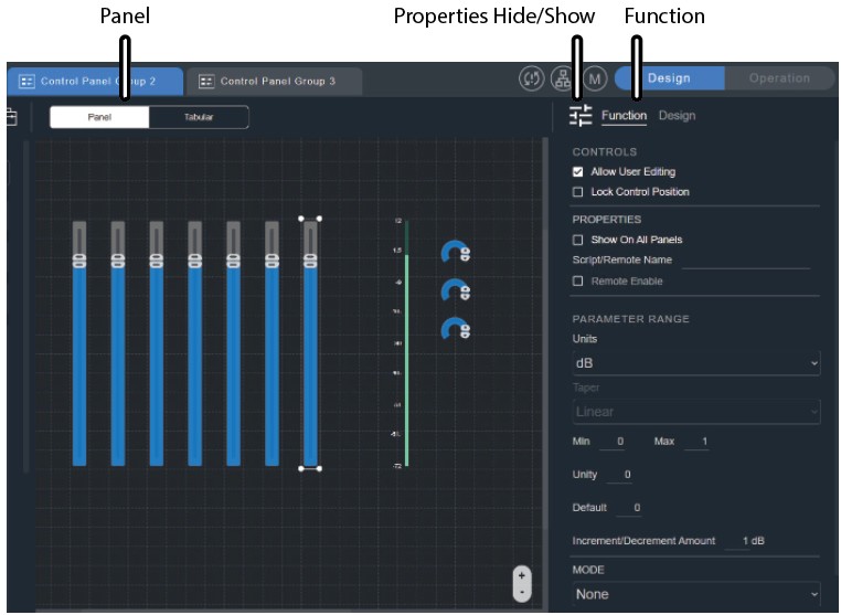 Modifier Panel — Function The Modifier Panel showing the Function options for a selected fader