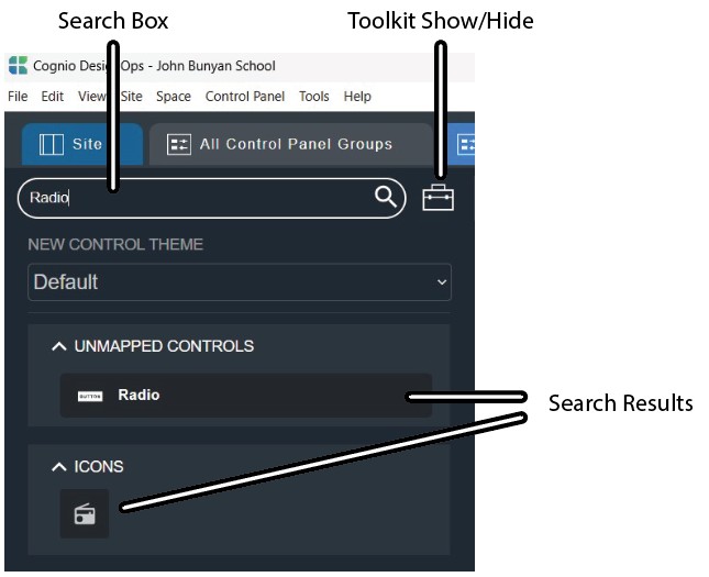 Search Box The Search Box showing results for a Control Panel item search
