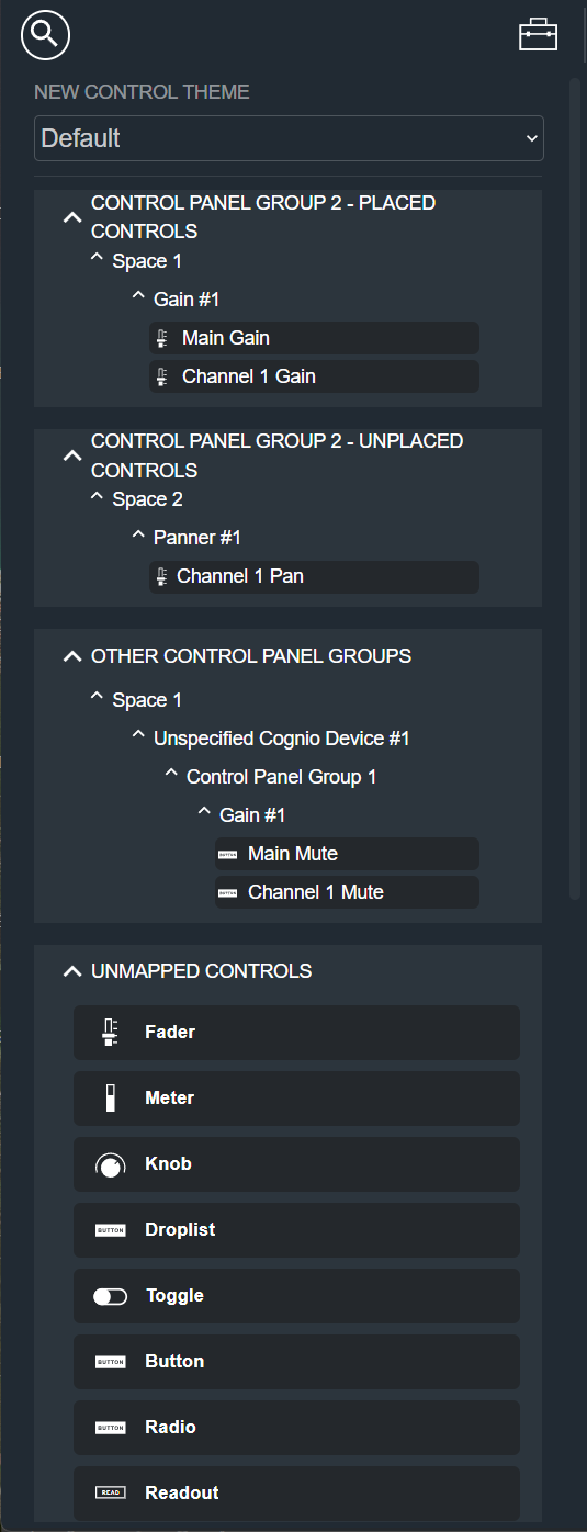 CPG View Toolkit, showing the New Control Theme dropdown and the Placed, Unplaced, and Other Control Panel Groups sections