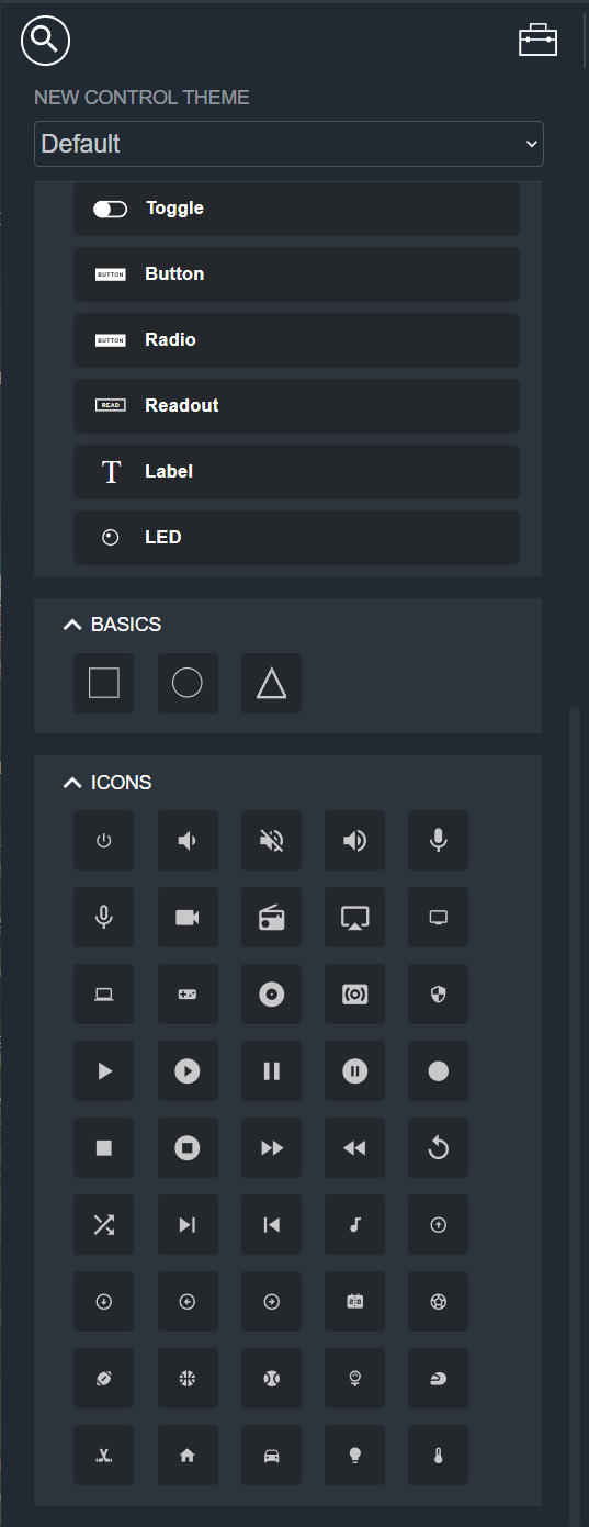 CPG View Toolkit scrolled down, showing the Unmapped Controls, Basics, and Icons sections