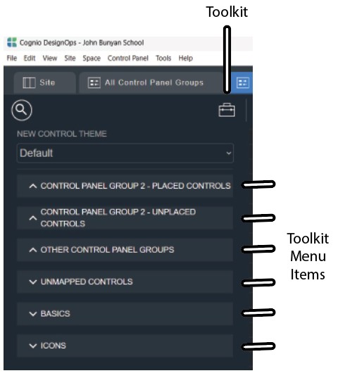 Toolkit menu The Toolkit menu on the left side of the Control Panel Group View