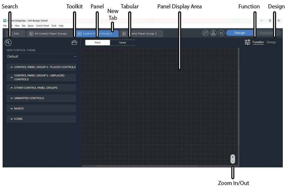 Control Panel Group workspace The Control Panel Group workspace canvas with a new group tab at the top