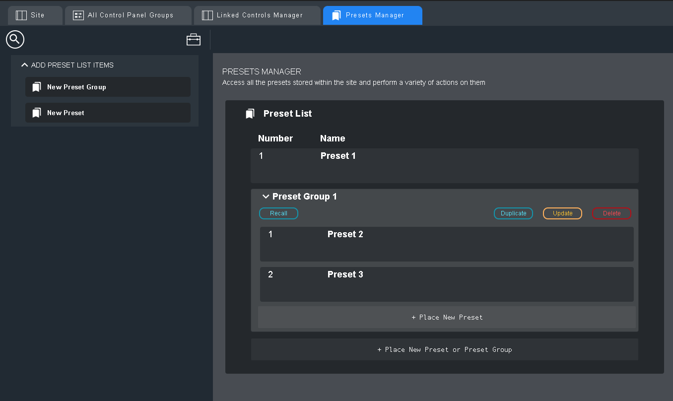Presets Manager Tab showing example Presets