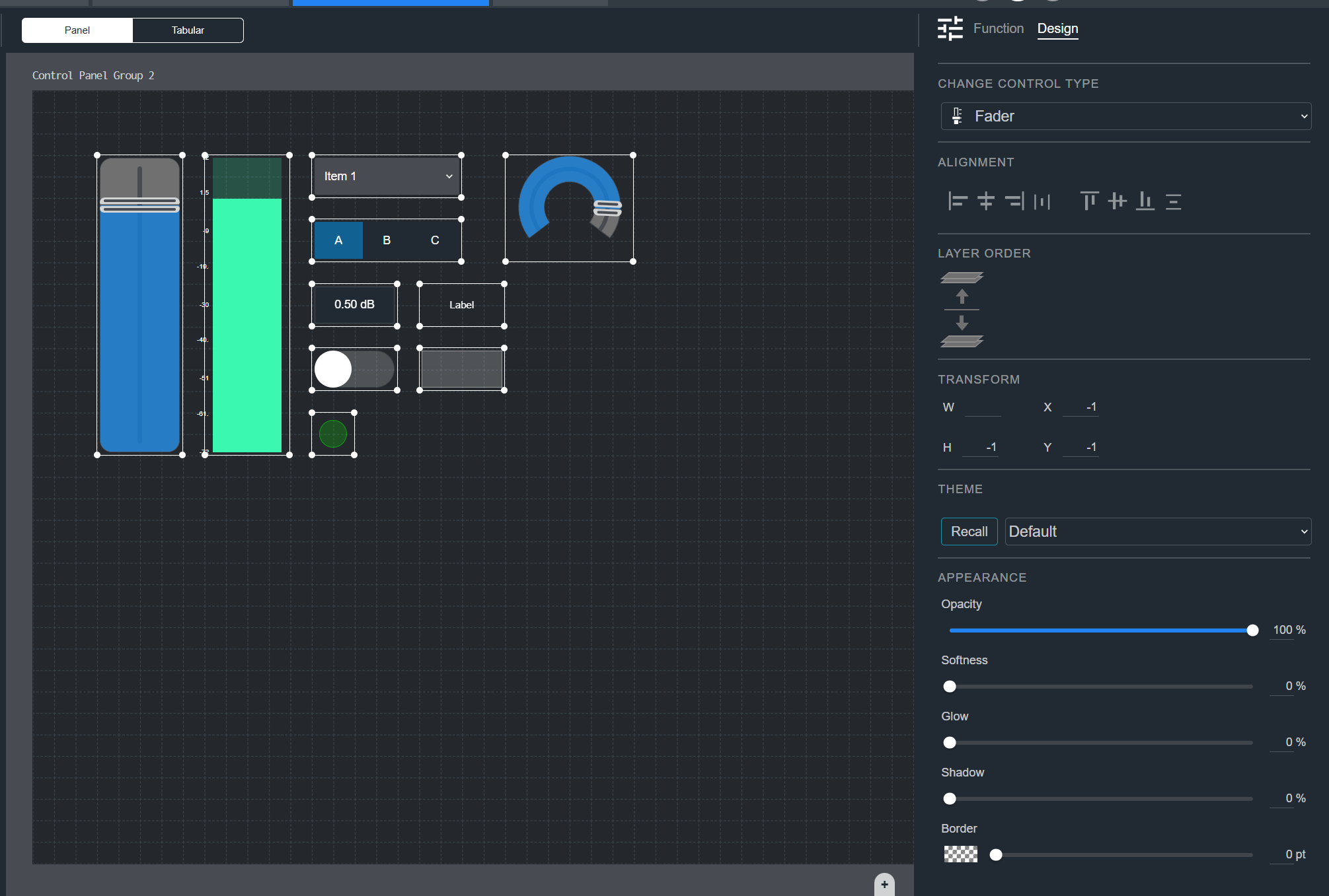A Control Panel with every control selected, showing only the shared Design sections in the Modifier Panel
