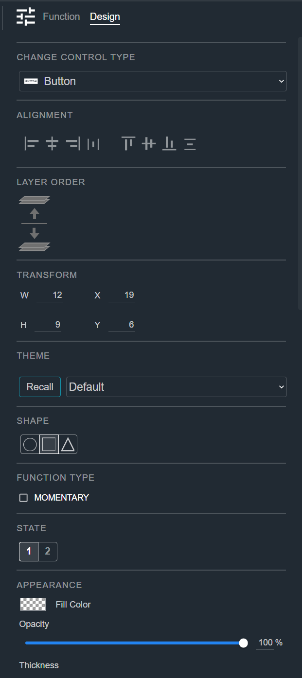 Design tab for a Button, showing the Change Control Type, Alignment, Layer Order, Transform, Theme, Shape, Function Type, State, and Appearance sections