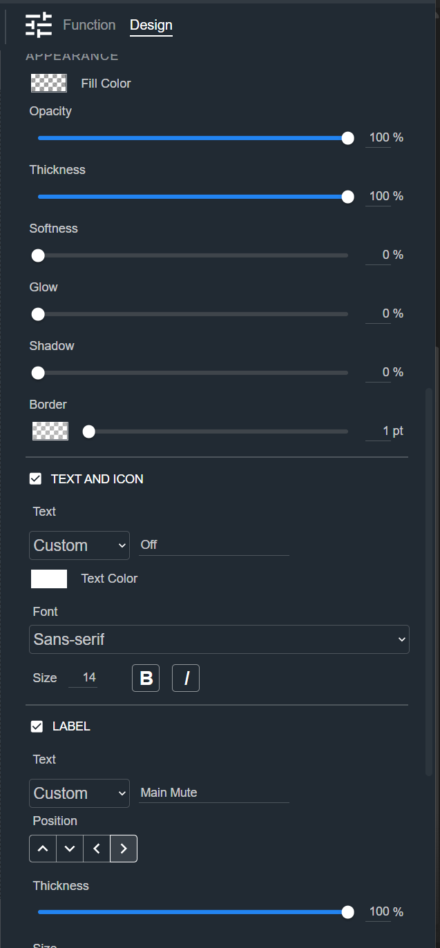Design tab for a Button, showing the Appearance, Text and Icon, and Label sections