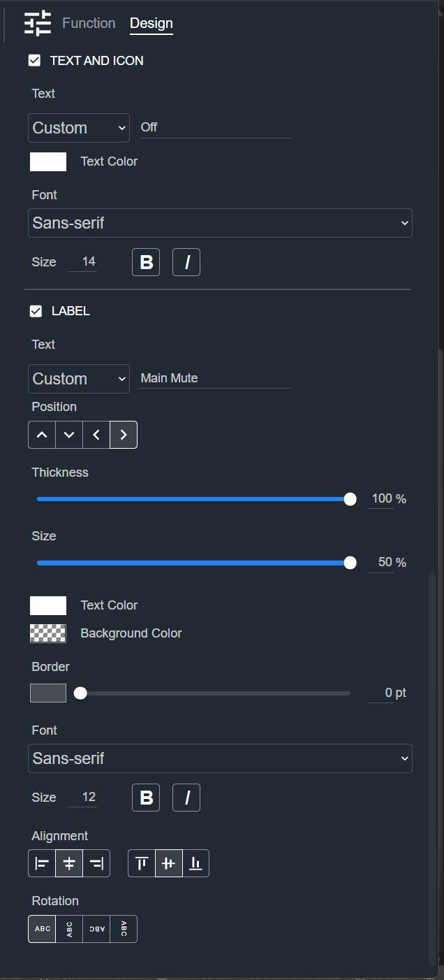 Design tab for a Button, showing the Text and Icon and Label sections