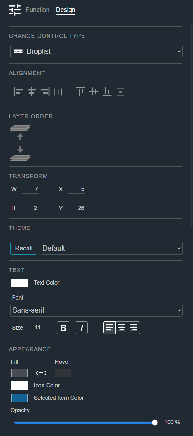Design tab for a Droplist, showing the Change Control Type, Alignment, Layer Order, Transform, Theme, Text, and Appearance sections