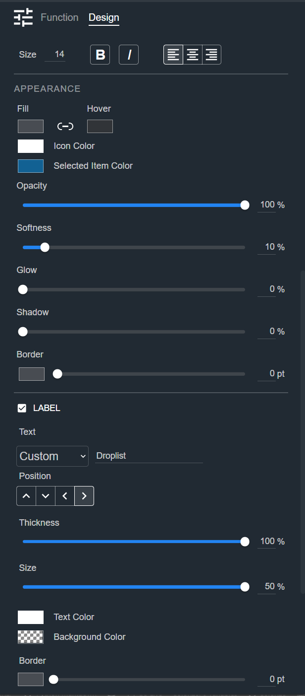 Design tab for a Droplist, showing the Appearance and Label sections