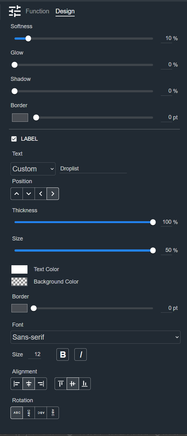 Design tab for a Droplist, showing the Appearance and Label sections