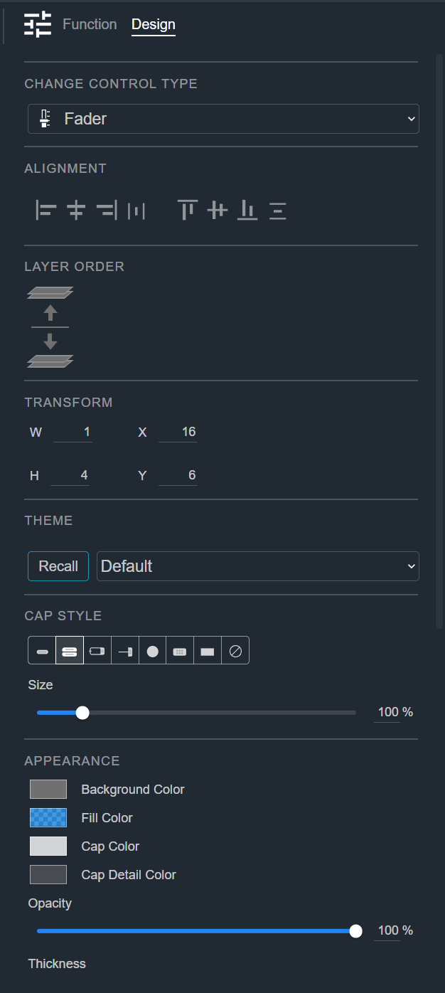 Design tab for a Fader, showing the Change Control Type, Alignment, Layer Order, Transform, Theme, Cap Style, and Appearance sections