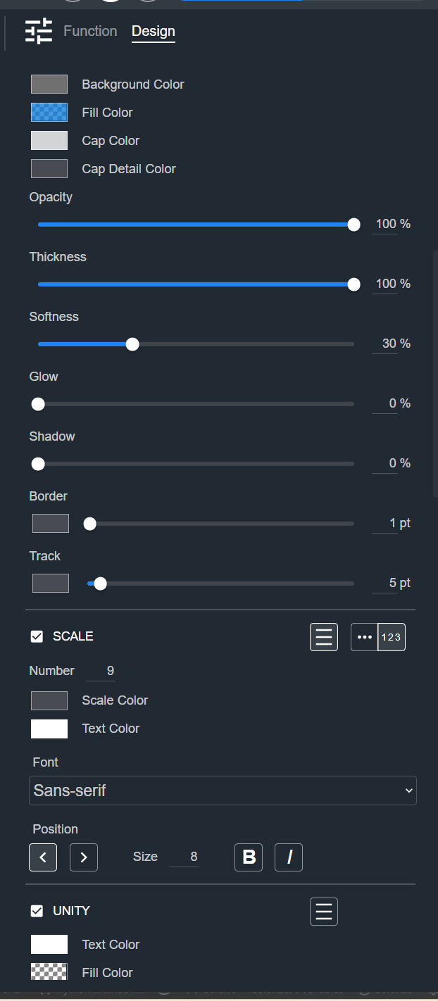Design tab for a Fader, showing the Appearance, Scale, and Unity sections