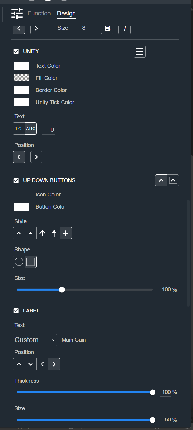 Design tab for a Fader, showing the Unity, Up Down Buttons, and Label sections