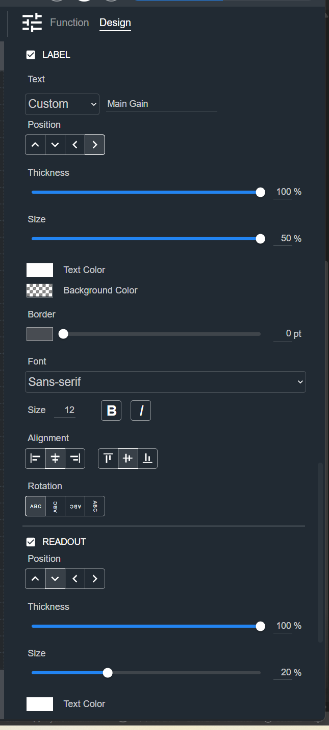 Design tab for a Fader, showing the Label and Readout sections