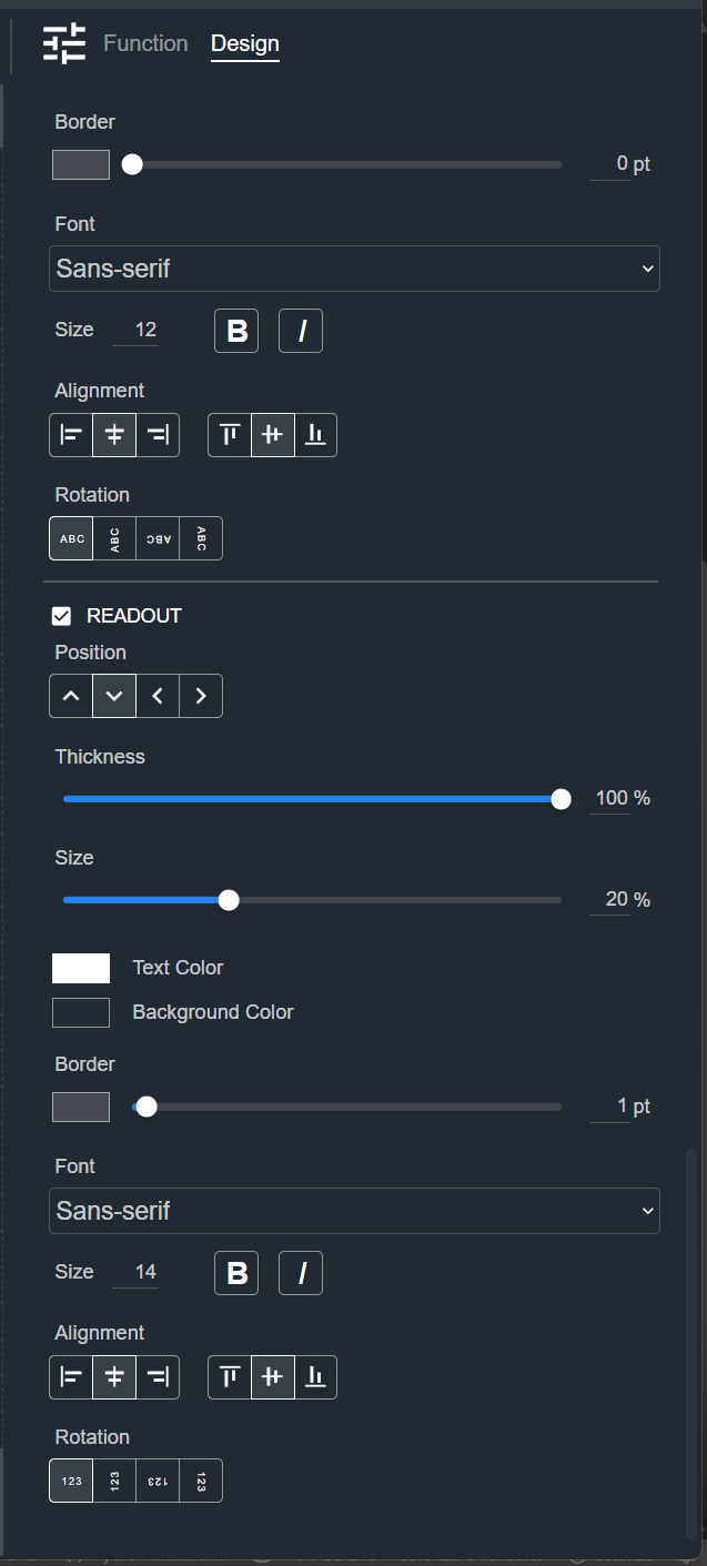 Design tab for a Fader, showing the Readout section