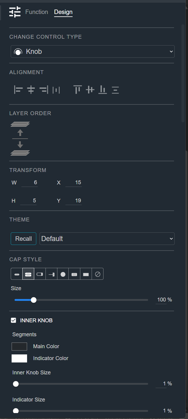 Design tab for a Knob, showing the Change Control Type, Alignment, Layer Order, Transform, Theme, Cap Style, and Inner Knob sections