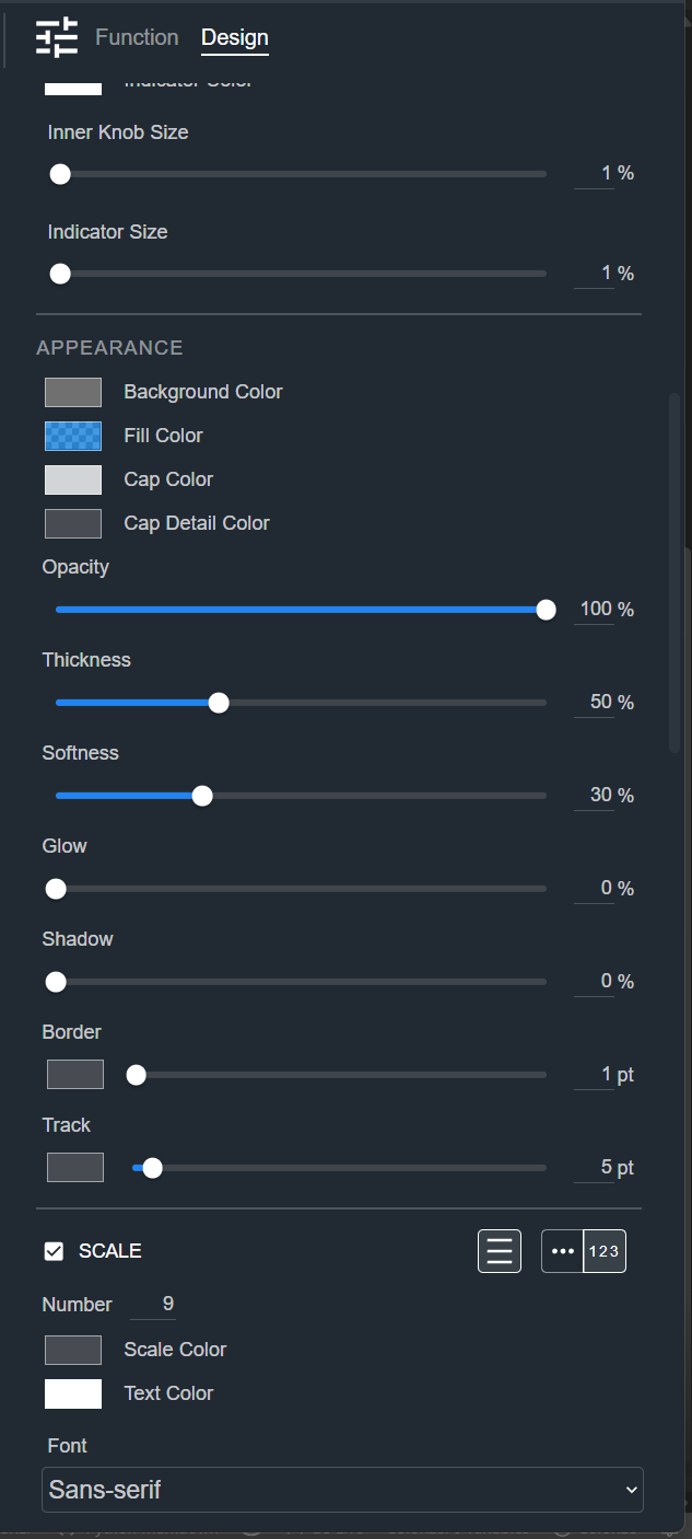 Design tab for a Knob, showing the Inner Knob, Appearance, and Scale sections