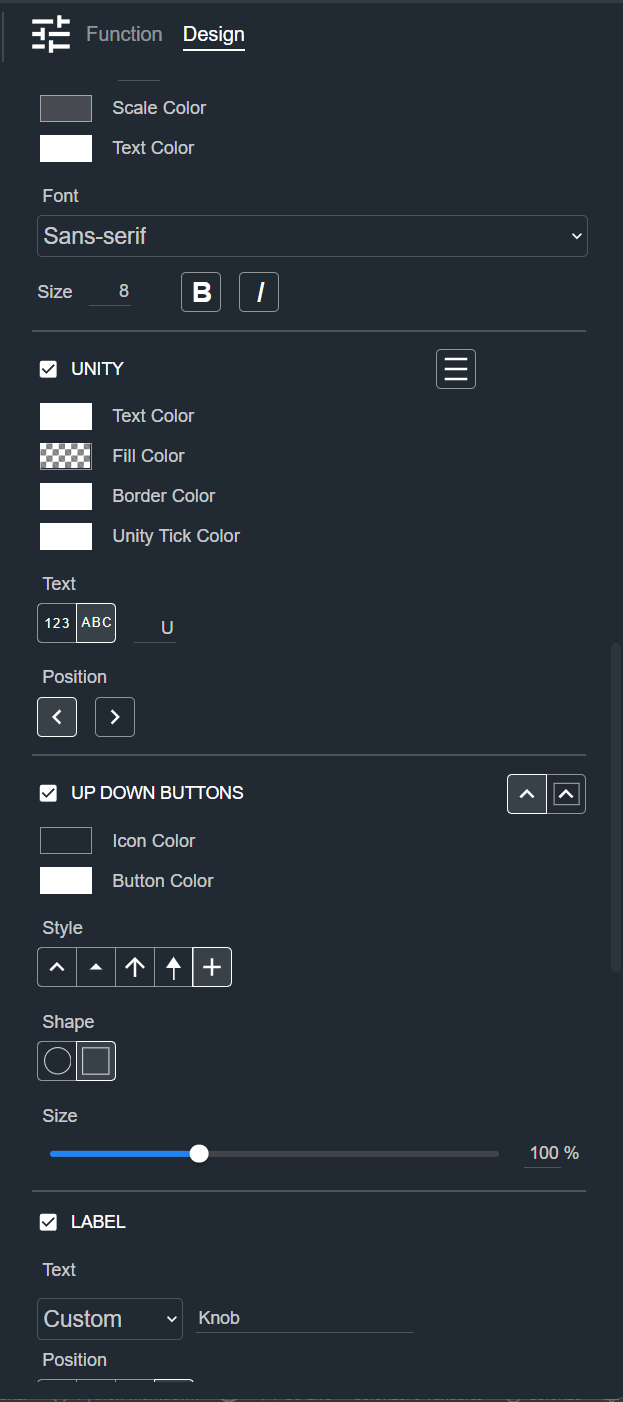 Design tab for a Knob, showing the Scale, Unity, Up Down Buttons, and Label sections