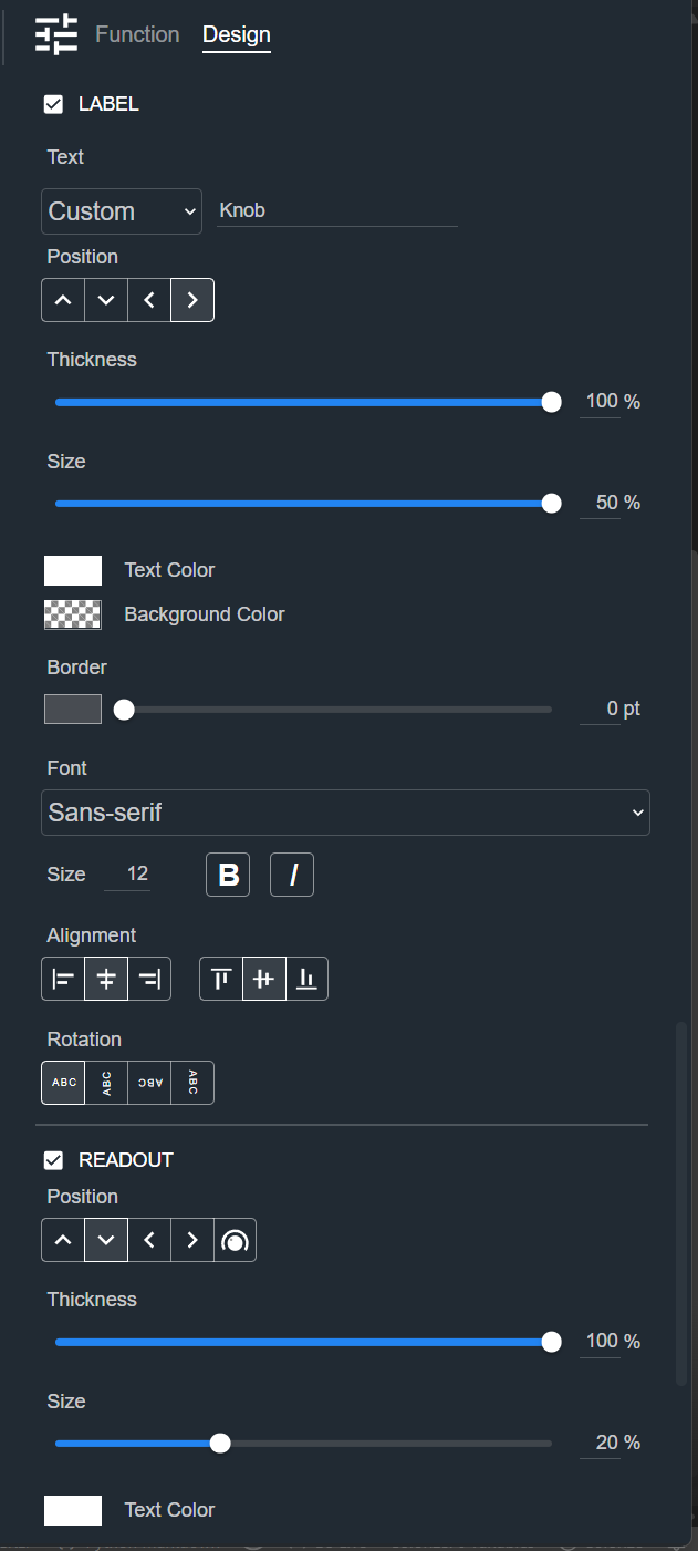 Design tab for a Knob, showing the Label and Readout sections