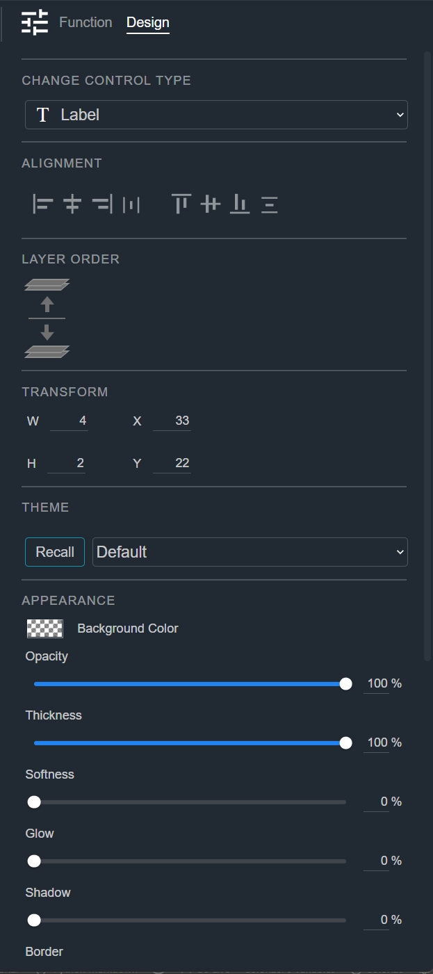 Design tab for a Label, showing the Change Control Type, Alignment, Layer Order, Transform, Theme, and Appearance sections