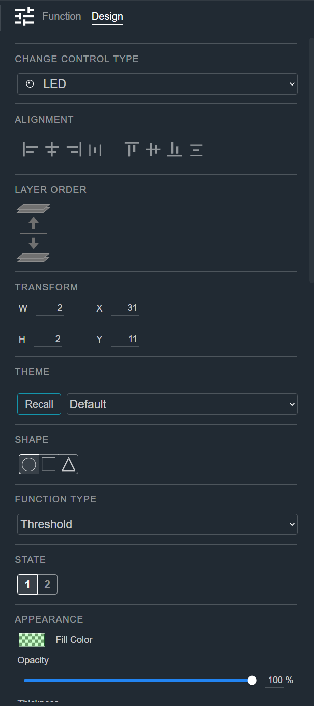 Design tab for an LED, showing the Change Control Type, Alignment, Layer Order, Transform, Theme, Shape, Function Type, State, and Appearance sections