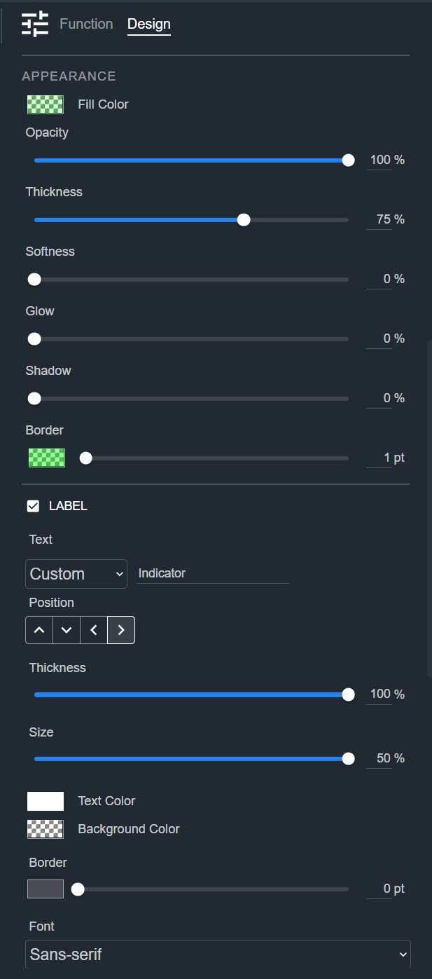 Design tab for an LED, showing the Appearance and Label sections