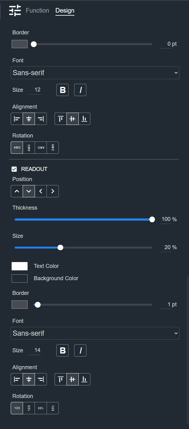 Design tab for an LED, showing the Label and Readout sections