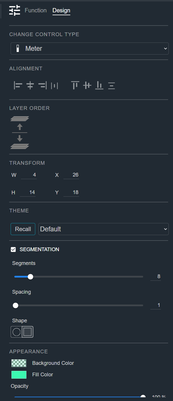 Design tab for a Meter, showing the Change Control Type, Alignment, Layer Order, Transform, Theme, Segmentation, and Appearance sections
