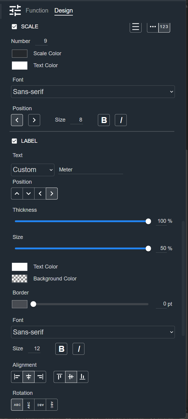 Design tab for a Meter, showing the Scale and Label sections