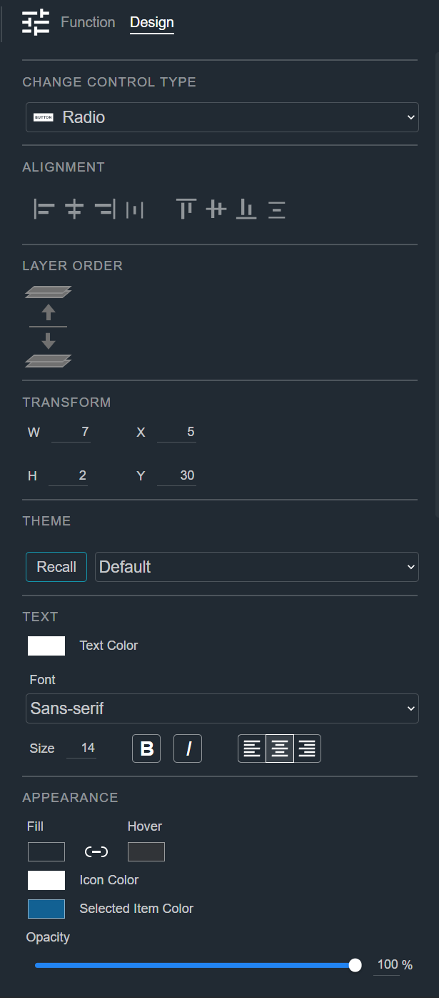 Design tab for a Radio Button, showing the Change Control Type, Alignment, Layer Order, Transform, Theme, Text, and Appearance sections