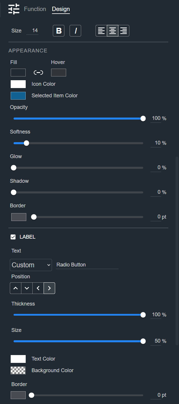 Design tab for a Radio Button, showing the Appearance and Label sections