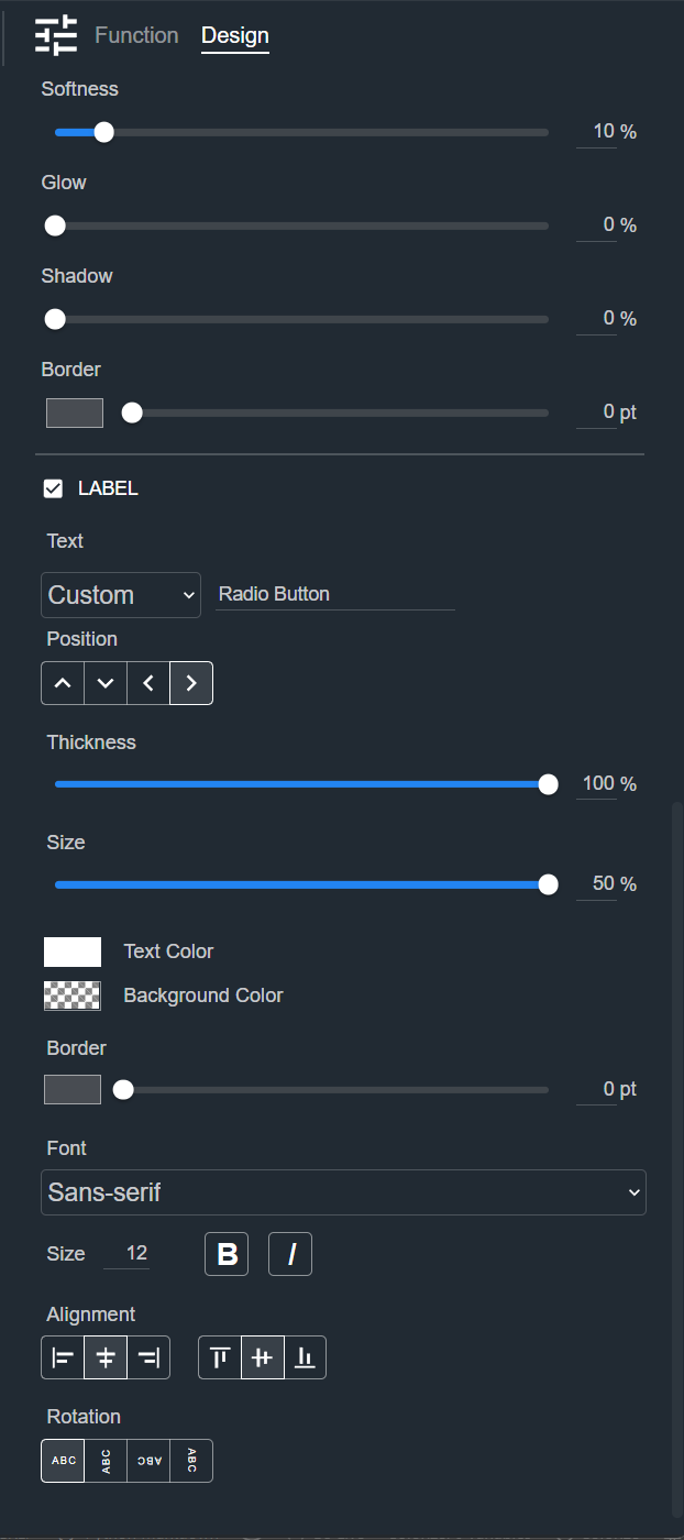 Design tab for a Radio Button, showing the Appearance and Label sections