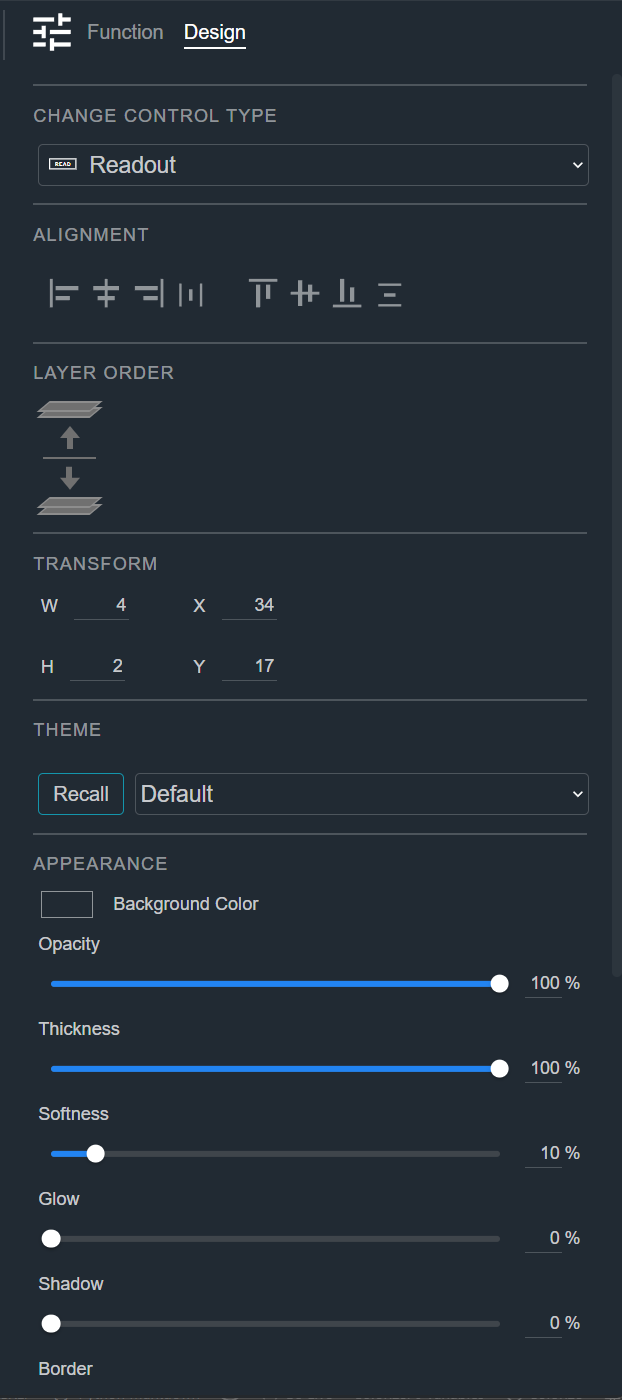 Design tab for a Readout, showing the Change Control Type, Alignment, Layer Order, Transform, Theme, and Appearance sections