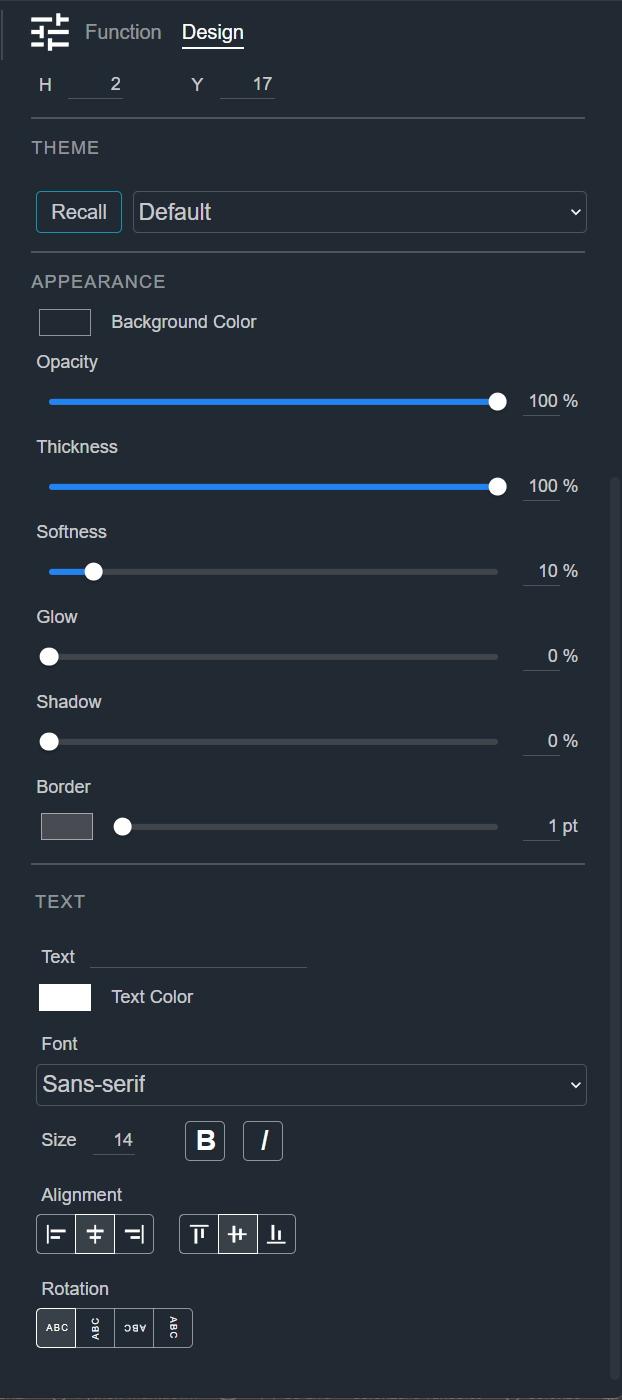 Design tab for a Readout, showing the Appearance and Text sections
