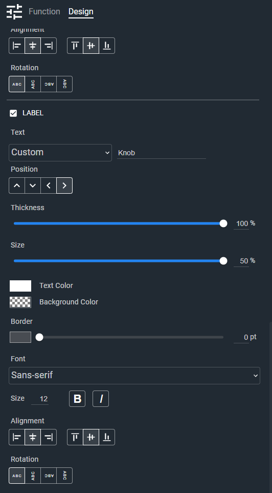 Design tab for a Readout, showing Label and Text sections