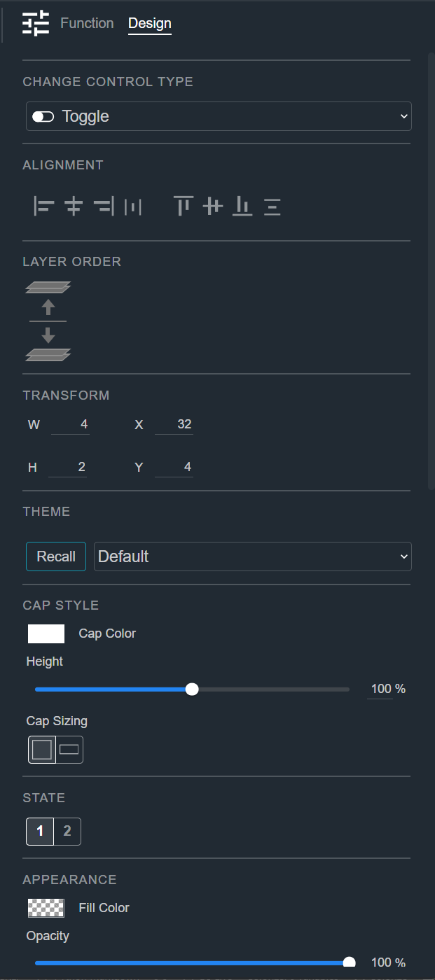 Design tab for a Toggle, showing the Change Control Type, Alignment, Layer Order, Transform, Theme, Cap Style, State, and Appearance sections