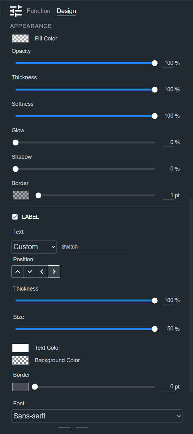 Design tab for a Toggle, showing the Appearance and Label sections