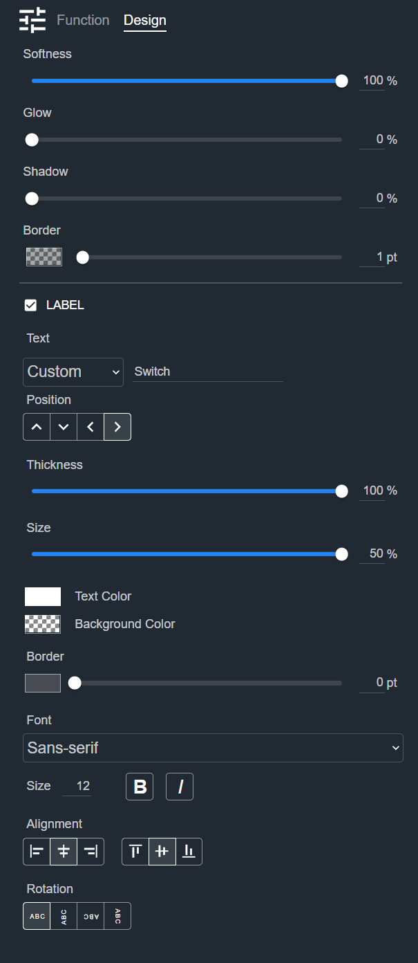 Design tab for a Toggle, showing the Appearance and Label sections