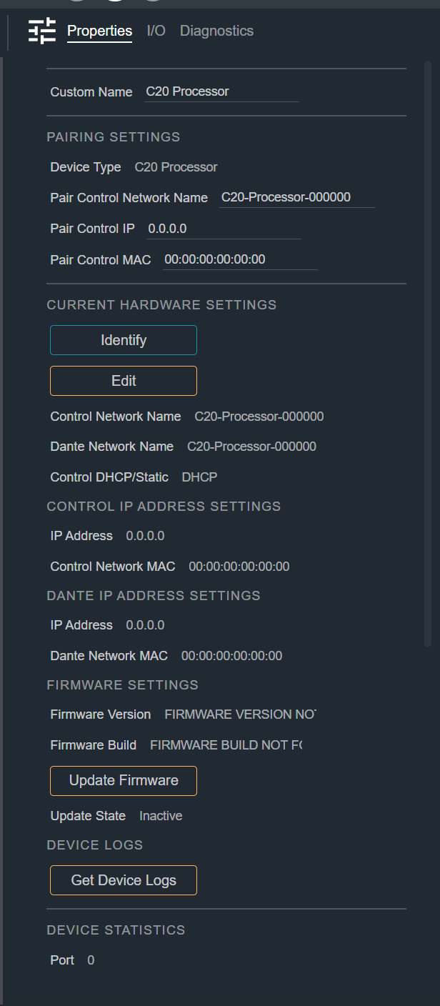 Smart Device Properties tab, showing Custom Name, Pairing Settings, and Current Hardware Settings