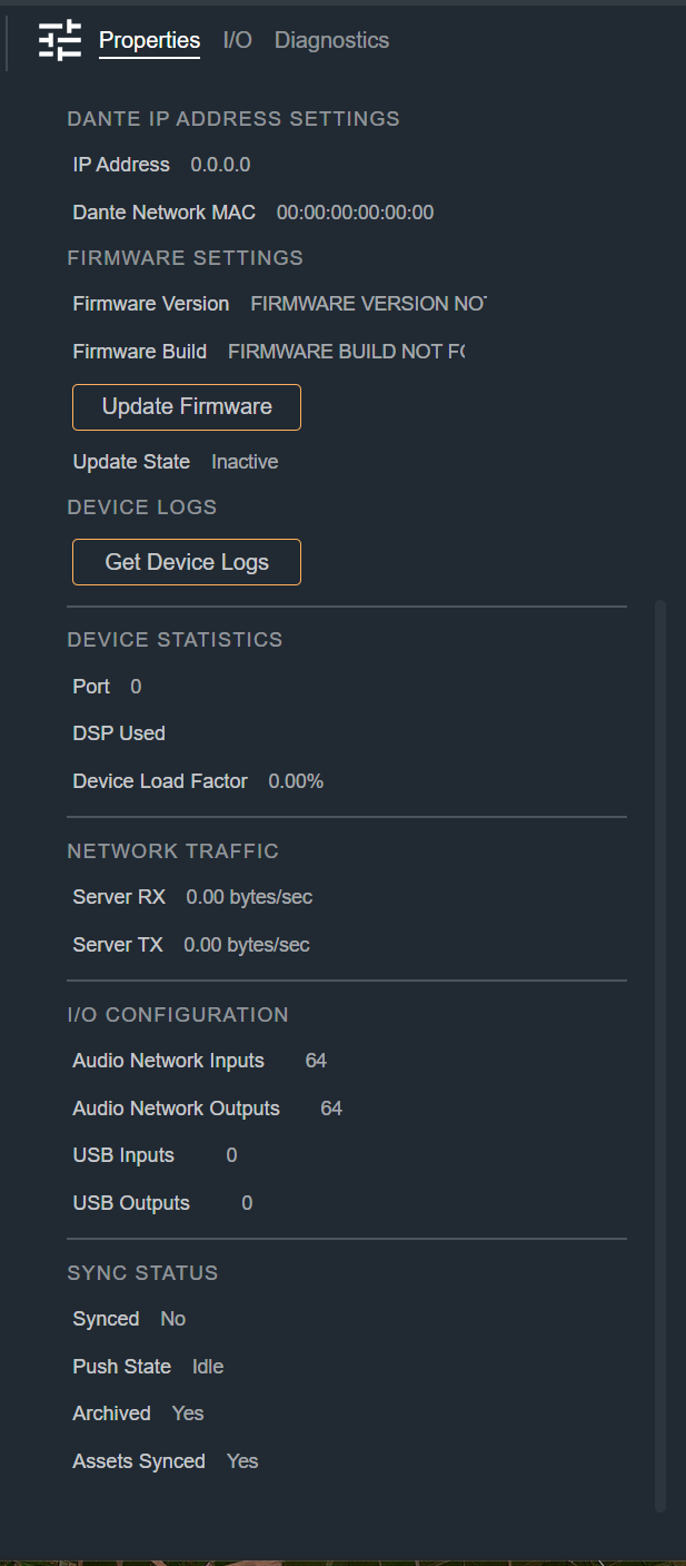 Smart Device Properties tab scrolled down, showing Firmware Settings through Sync Status