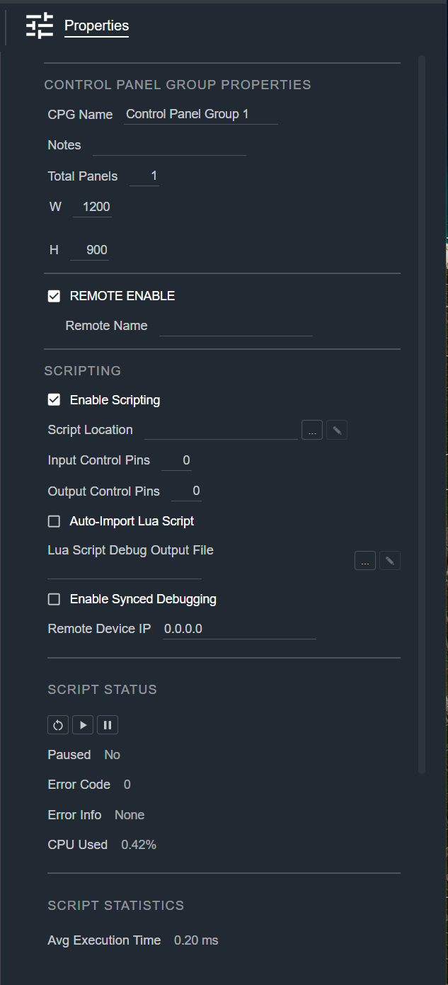 CPG Properties tab, showing Control Panel Group Properties, Remote Settings, and Scripting