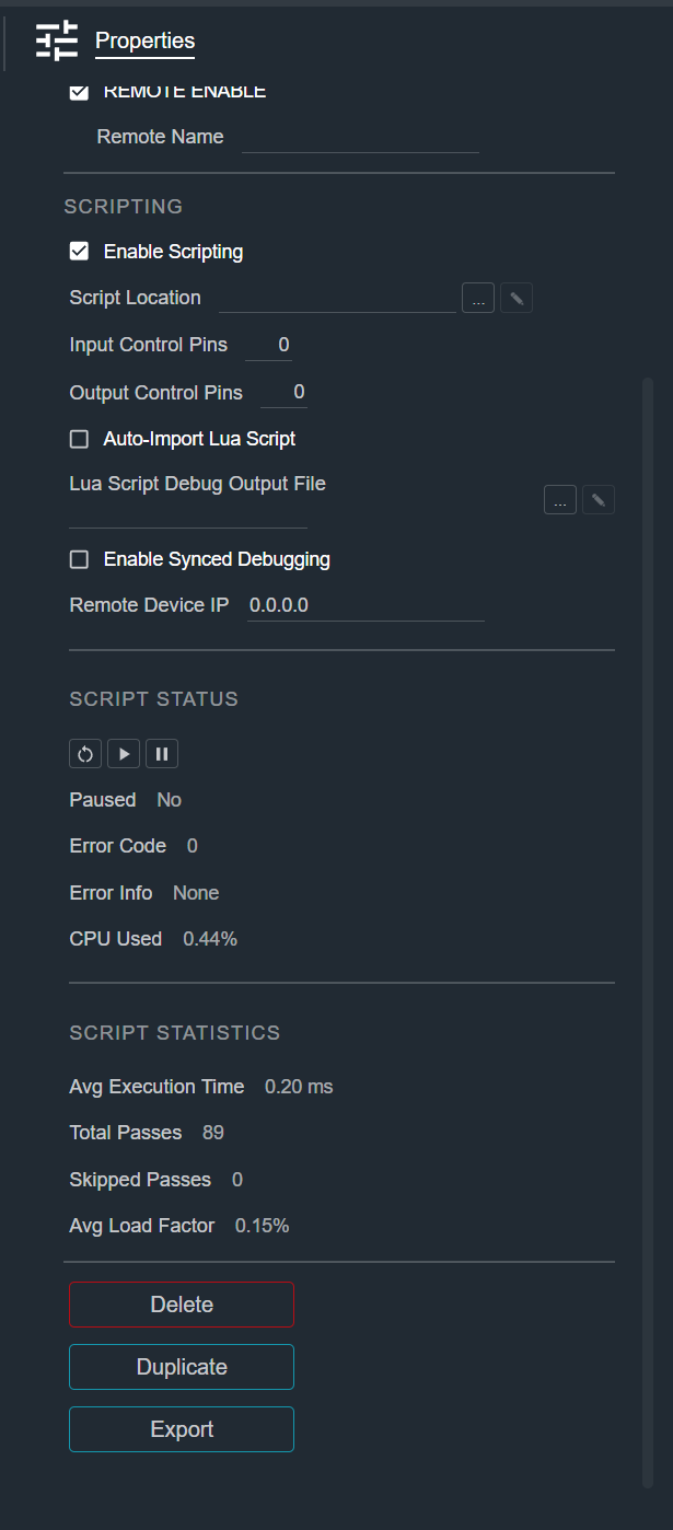 CPG Properties tab scrolled down, showing Script Status, Script Statistics, and the action buttons