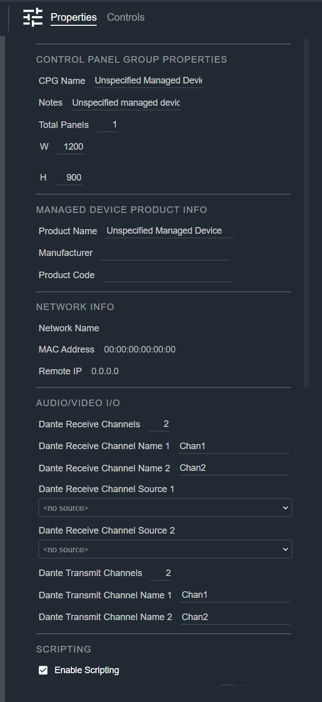 Managed Device Properties tab, showing Control Panel Group Properties, Managed Device Product Info, Network Info, and Audio/Video I/O