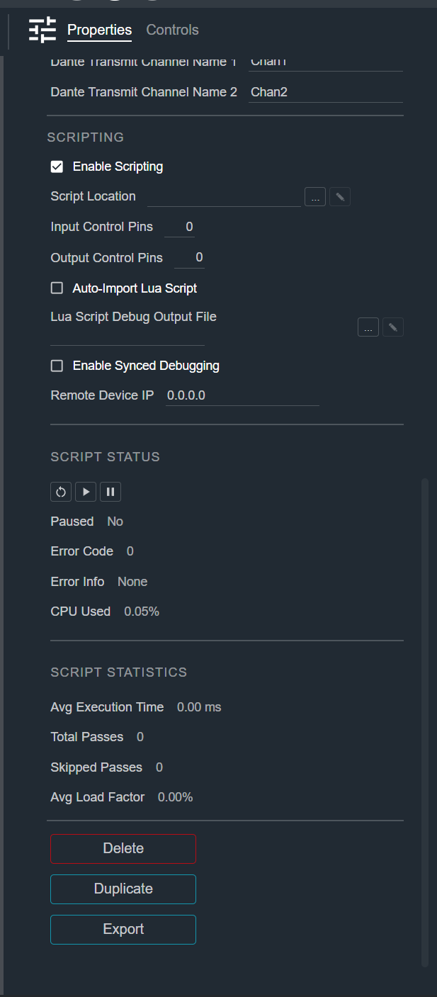 Managed Device Properties tab scrolled down, showing Scripting, Script Status, Script Statistics, and the action buttons